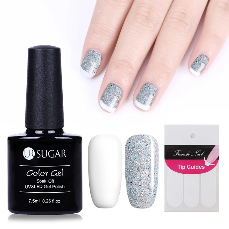 UR SUGAR 2Pcs Black White Gel Nail Polish Soak Off UV Gel Lacquer with French Tip Guides Nude Color DIY Manicure Nail Art GelSet