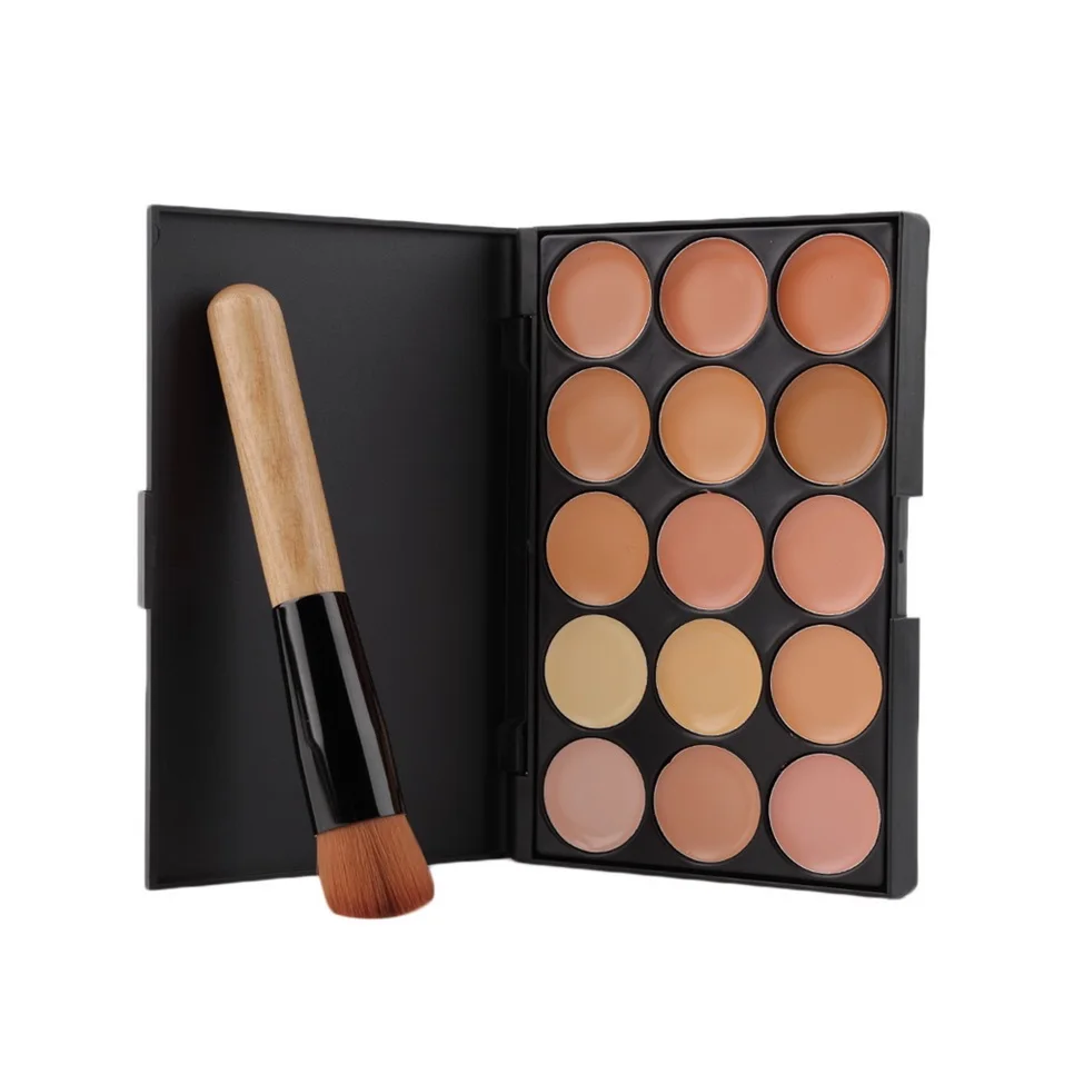 

Professional Makeup tool set 15 Color Face Concealer Eyeshadow Palette + Wood Handle Flat Angled Brush kit Make up Set 2019