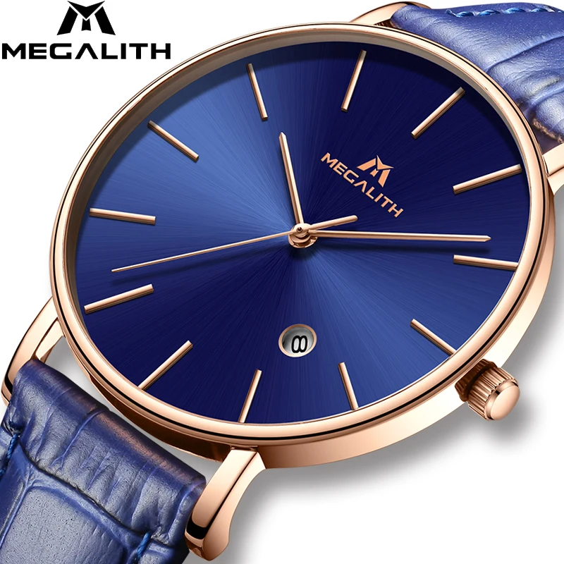 

MEGALITH Men Watch Sport Waterproof Date Analogue Wrist Watch Mens Business Casual Clock Blue Leather Gents Watches Montre Homme