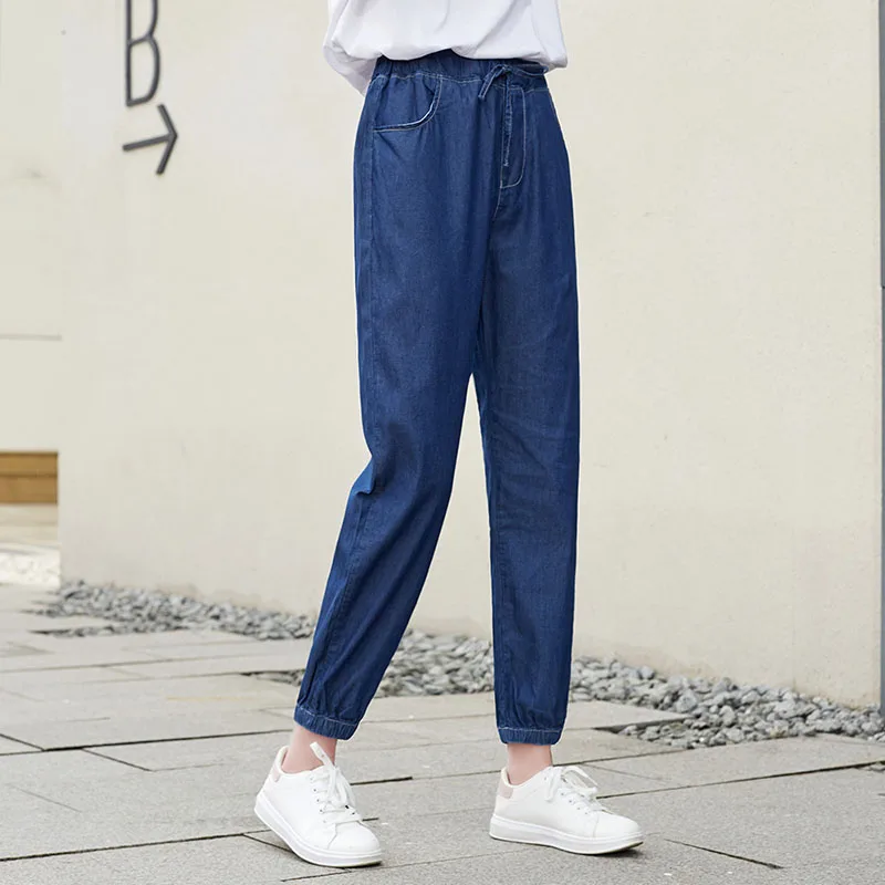 

Summer New Thin Funds Breathable Cool Tencel Jeans Leg Pants Yards Elastic Waist Pants For Women High Waist Tencel Jeans
