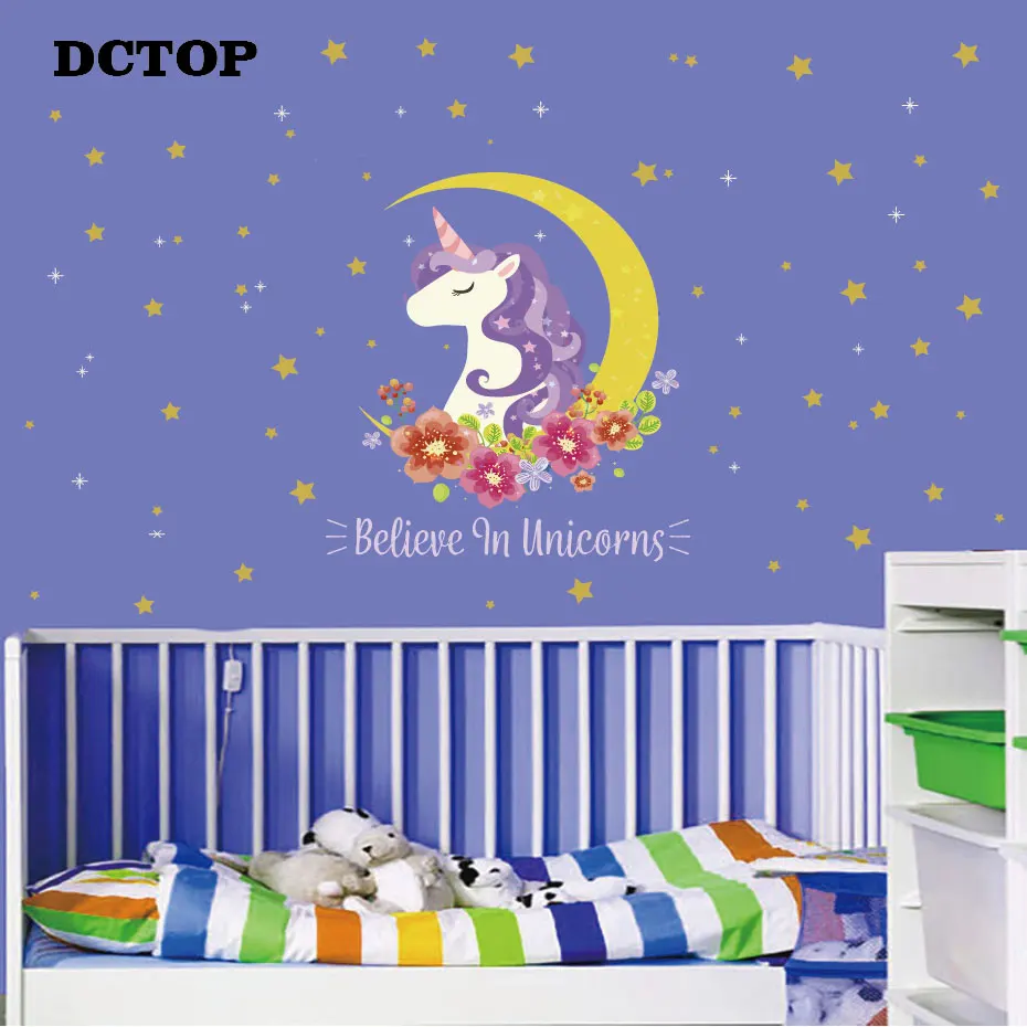 Believe in Unicorn with Moon & stars Myth Wall Decal Kids Children's Girls Art Vinyls Stickers Bedroom Home Decorative Wallpaper