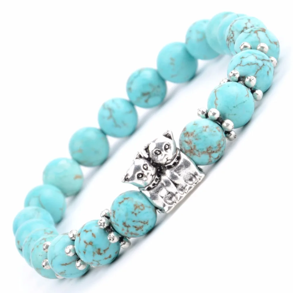 Natural Stone Bracelet Men Blue Turquoises Beads Dog Animal Charm Bracelets For Women Friendship Jewelry Gift | Украшения и