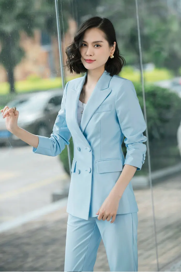 New Office Work Blazer Suits Of High Quality OL Women Pants Suit Blazers Jackets With Trouser Two Pieces Set Red Pink Blue