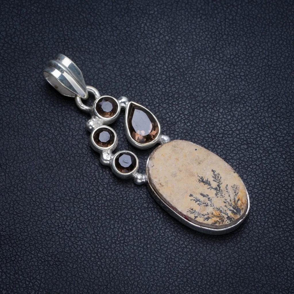 

Natural German Dendritic Opal and Smoky Quartz Boho 925 Sterling Silver Pendant 1 3/4" T1174