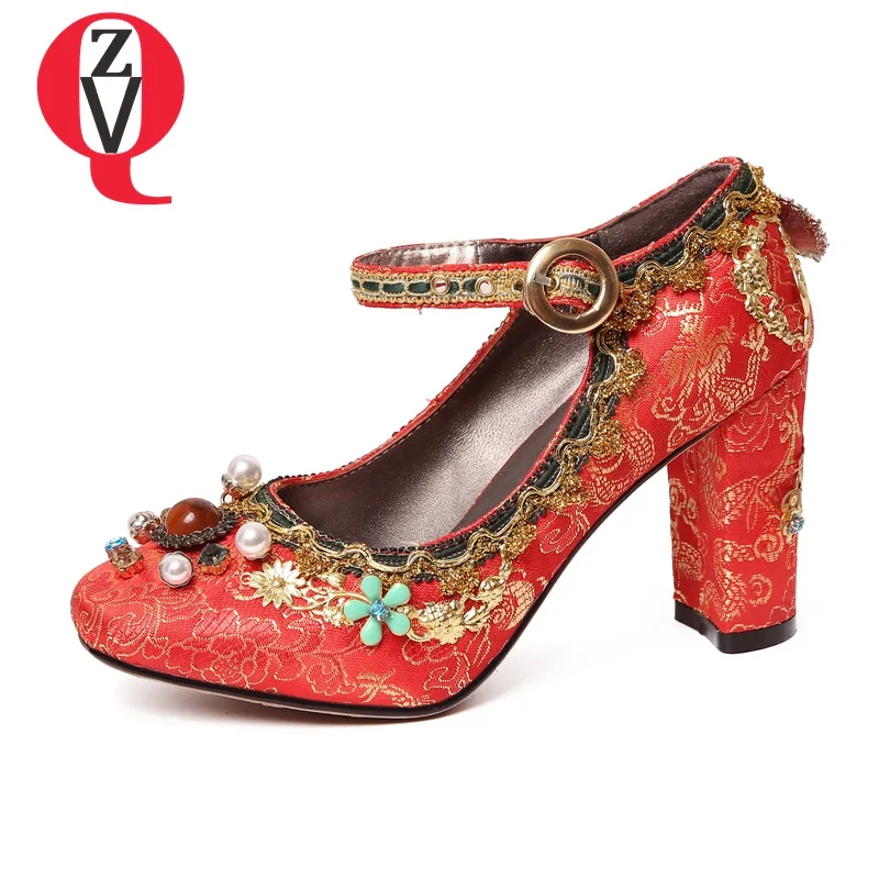 

ZVQ genuine leather women mary pumps Jane summer Crystal high heels fashion girl Velvet round toe pearl embroidery woman shoes