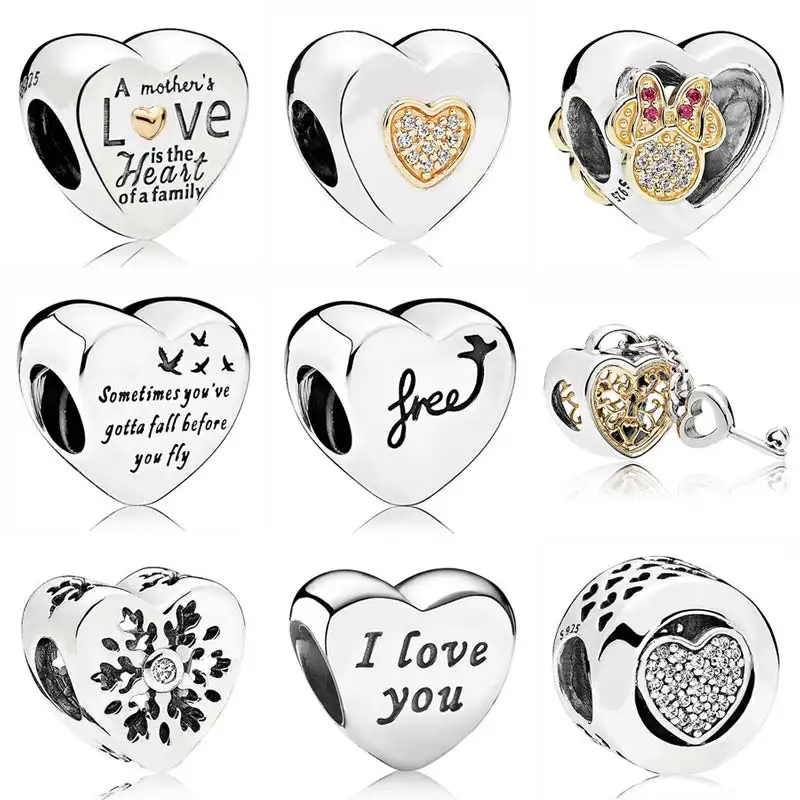 

Padlock Heart And Key Snowflake Family PAN Two-Tone Signature Heart Charm Fit Pandora Bracelet 925 Sterling Silver Charm Jewelry