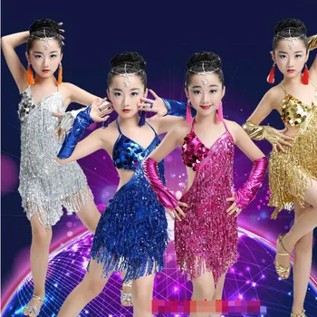 

Girls Sequined Latin Dancewear dress Kids Salsa Sakting Competition dance Dress Children Salsa Ballroom Dancing Clothes