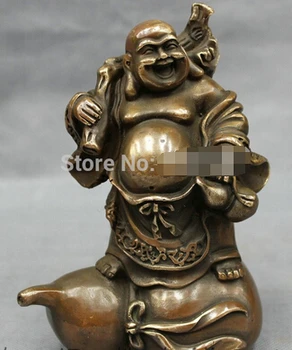 

Fast shipping Chinese Bronze Copper Wealth Money Bag Happy Laugh Maitreya Buddha Gourd Statue