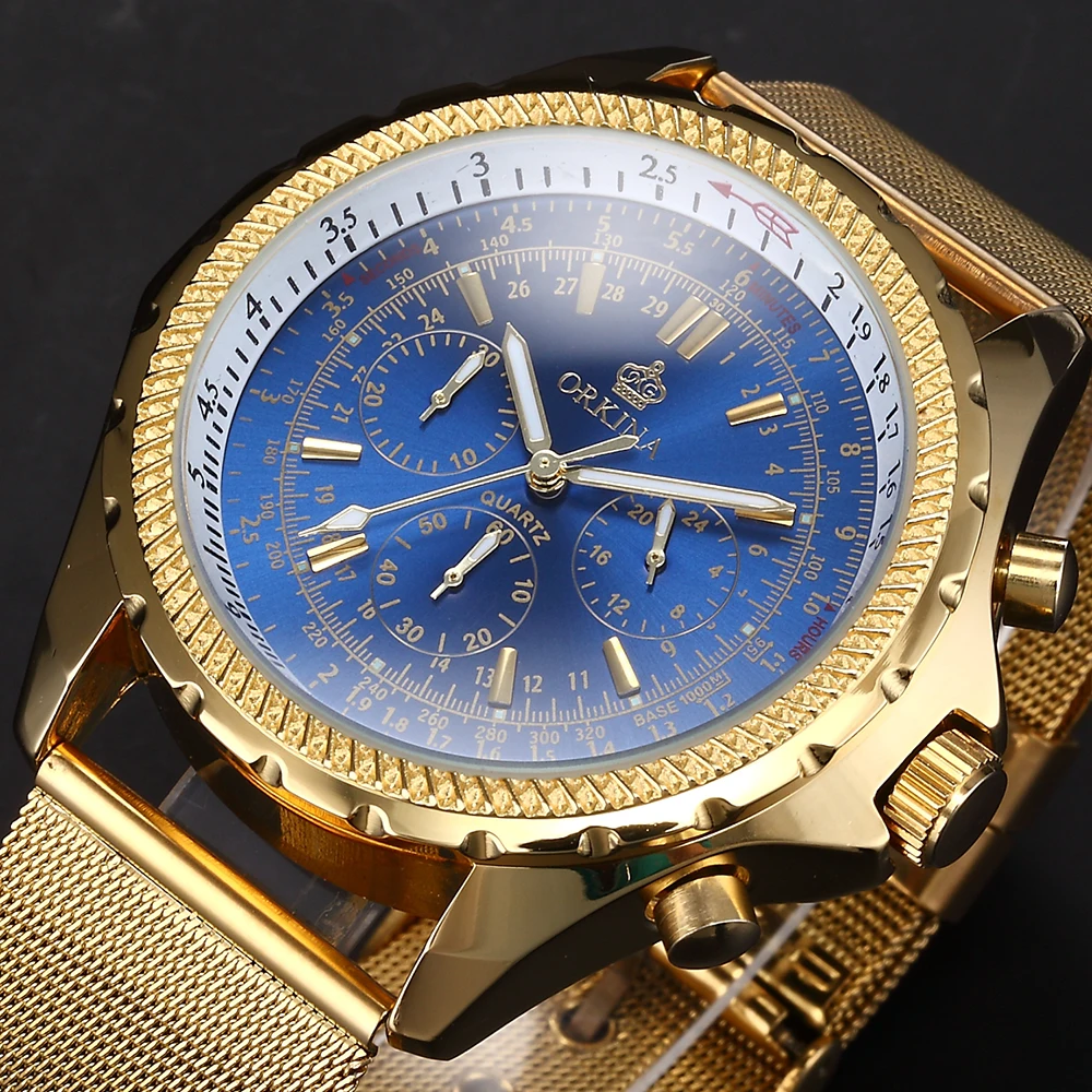 

ORKINA Mens Watches Top Brand Luxury Stainless Steel Mesh Band Male Clock Chronograph Quartz Wristwatch with Japan Movement