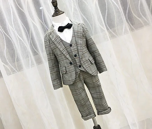 Коллекция года, детский деловой клетчатый костюм костюмы для мальчиков Детский Блейзер торжественный костюм для мальчиков на свадьбу, одежда для мальчиков, куртки, блейзер+ штаны+ жилет, От 3 до 8 лет - Цвет: as picture1