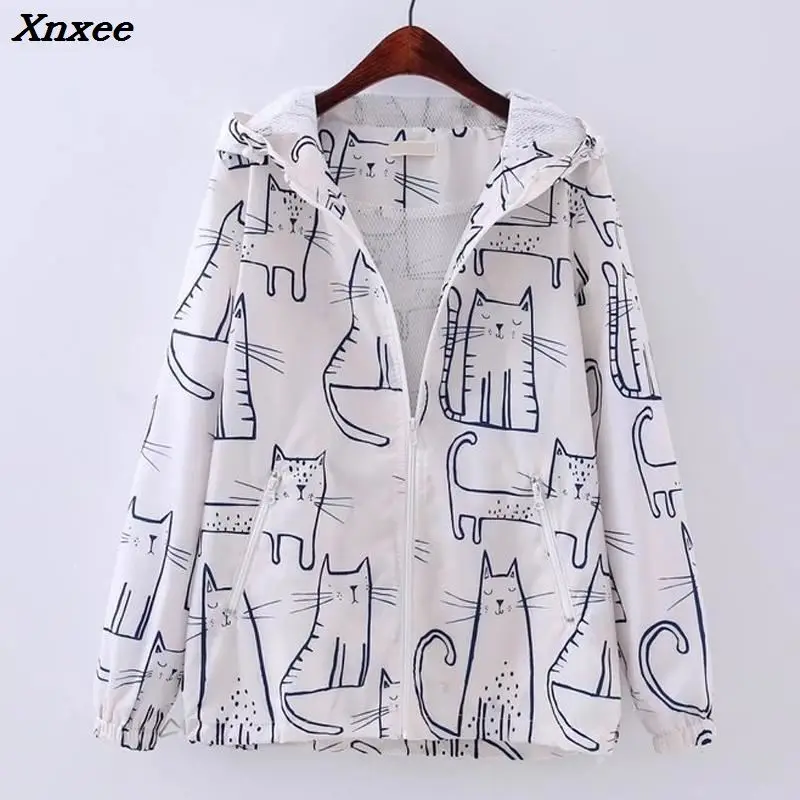 

2018 New Spring Autumn jacket Women Simple Cartoon Cat Pot Long Sleeve Harajuk Hooded Printed Patchwork Graffiti Baseball Coat