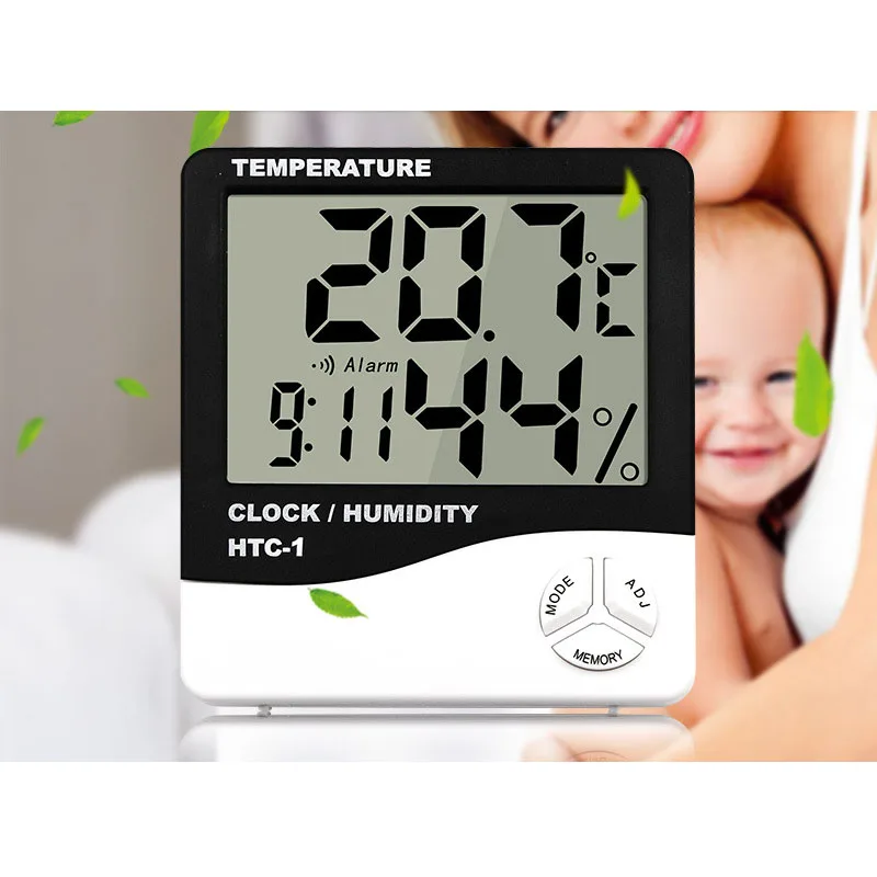 Indoor Room LCD Electronic Temperature Humidity Meter Digital Thermometer Hygrometer Weather Station Alarm Clock HTC-1