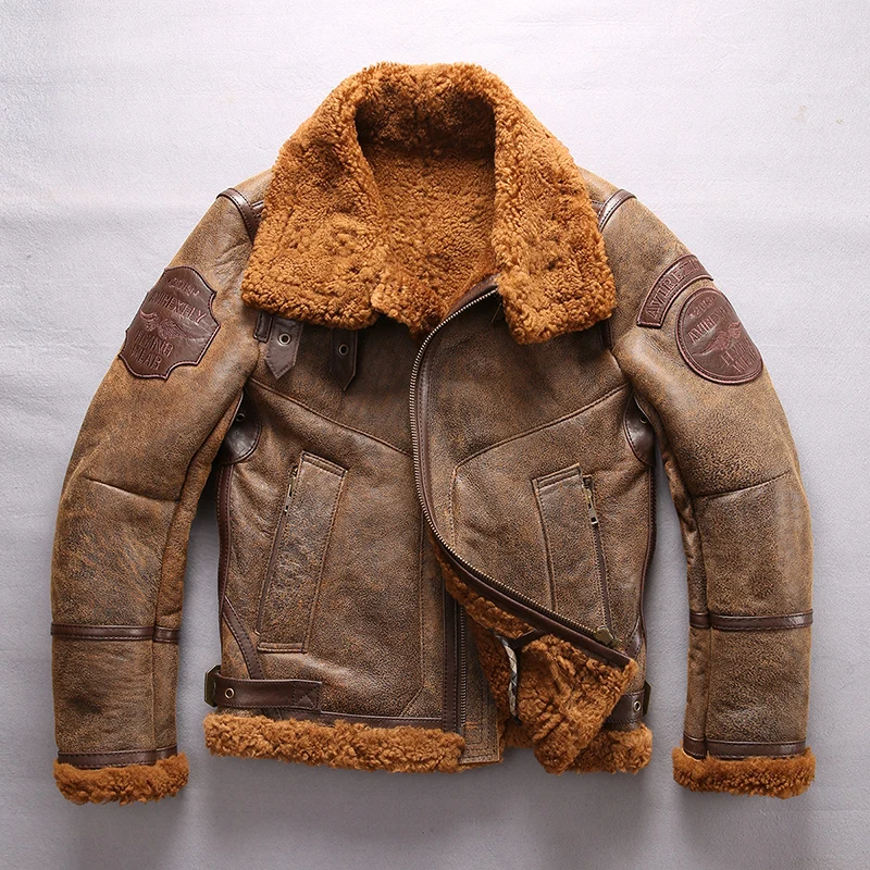

DHL Free Shipping Super Warm Genuine Sheepskin Jackets High Quality Men's Large Size Shearling Bomber Military Shearling Jacket