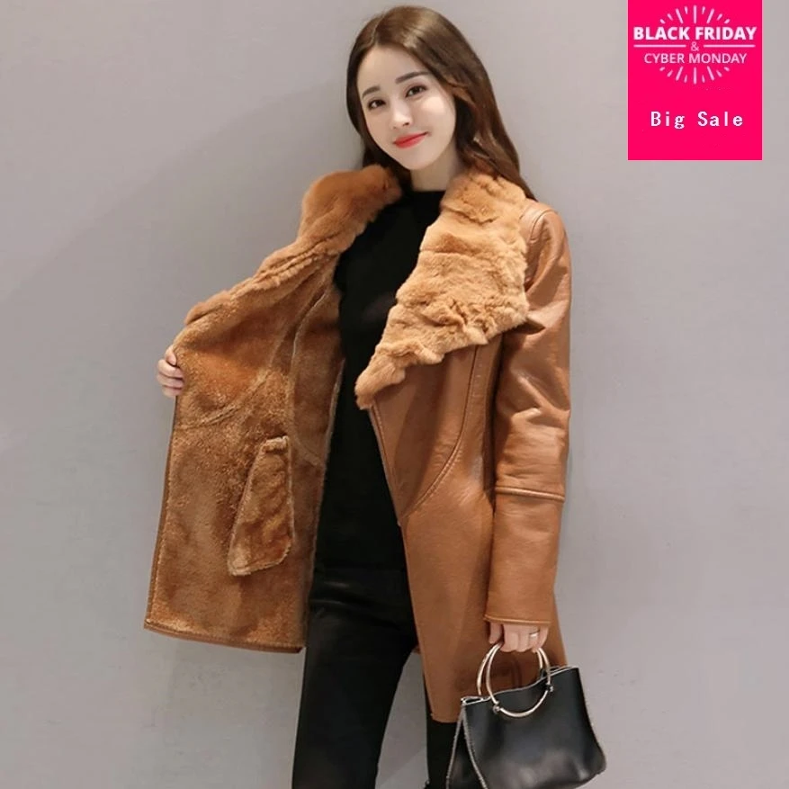 Winter fashion women's PU leather jacket rex rabbit real