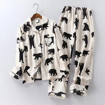 

Lovers Cute White Bear Cotton Pajama Sets Casual Loose Long Sleeve Shirt Pants 2pcs Couple Suit 2020 Spring Sleepwear Homewear