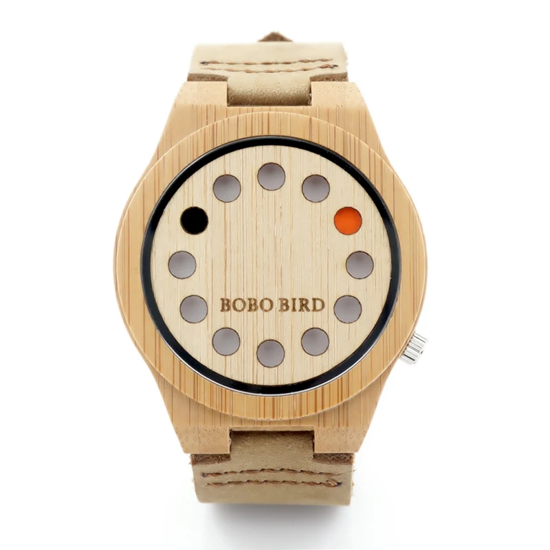 BOBO BIRD V-A04 Light Eco-friendly 12 Holes Design Wooden Watches Men Leather Quartz Watch Special Hands Bracelet