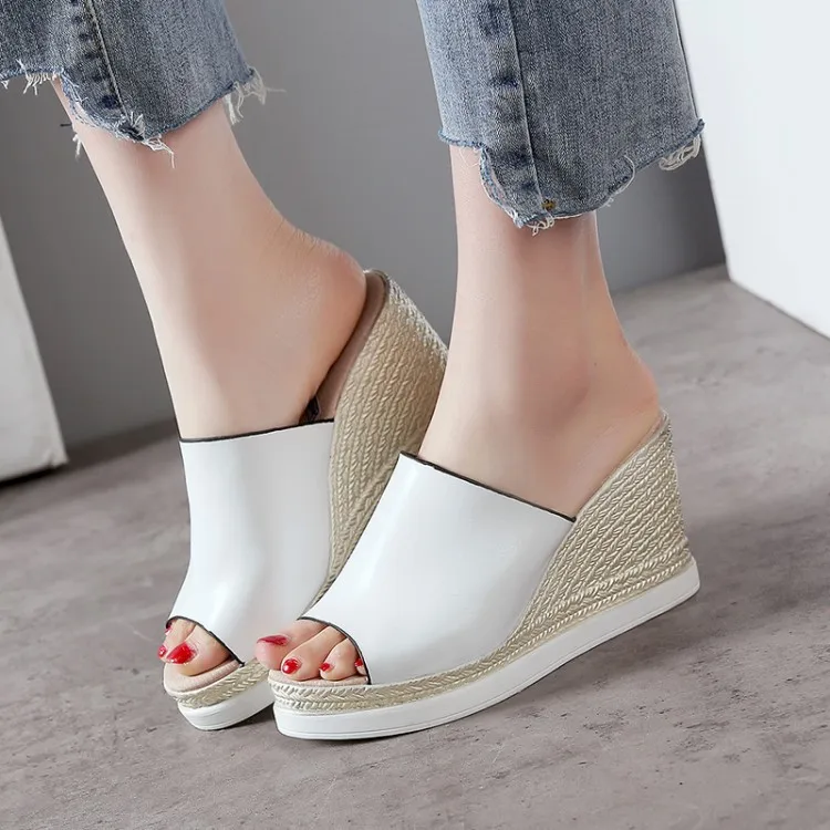 

PXELENA 2019 Summer New Women Slippers Wedge High Heel Platform Peep Toe Party Date Office Ladies Slides Female Footwear 34-43