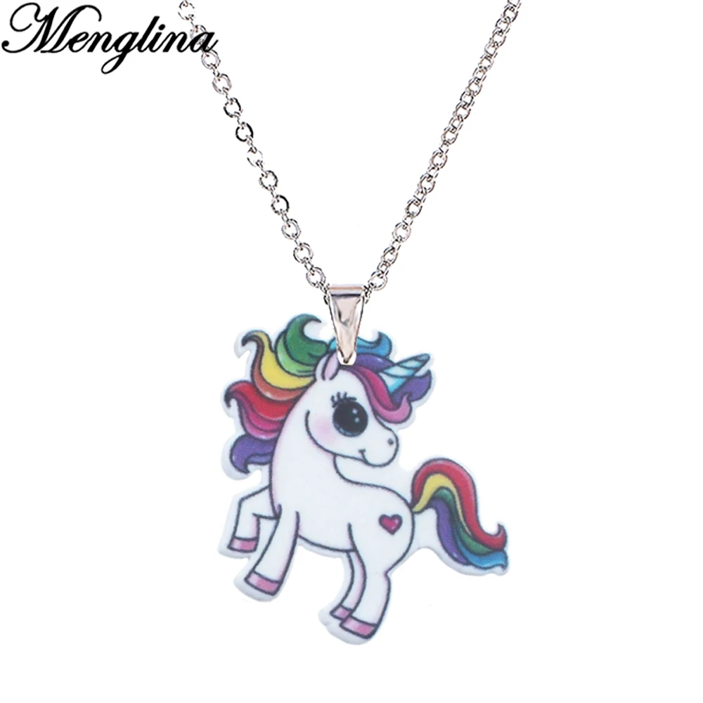 

Menglina Fashion Cartoon Rainbow Horse Acrylic Pendant Necklace For Girls Silver Chain Flatback Resin Charm Children's Jewelry