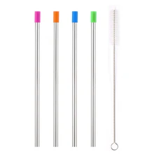 4pcs Stainless Steel Straws Straight Straw 9" Long Drinking Metal Straws with Removable Silicone Tip& Cleaning Brush