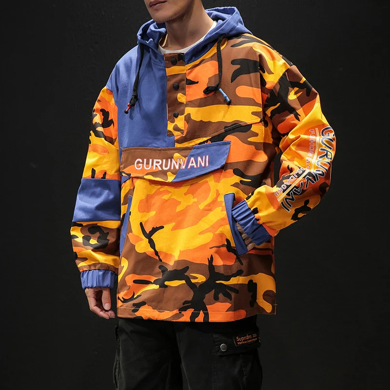

YASUGUOJI New 2019 Japanese Streetwear Loose Jacket Men Fashion Printed Patchwork Hip Hop Jacket Pullover Hooded Jacket Men