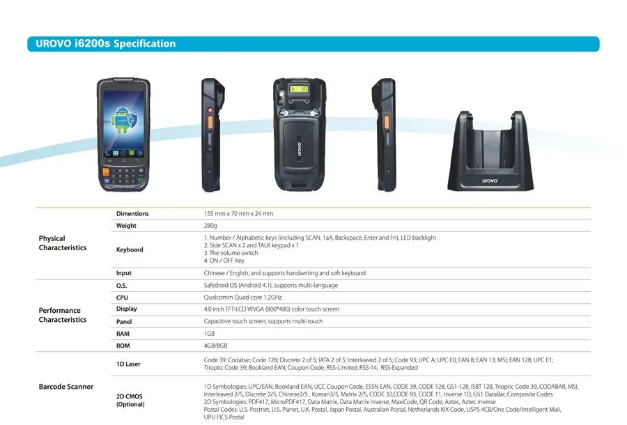 Urovo i6200S 1D лазерный ручной Android5.1 смартфон считыватель штрих-кодов с четырехъядерным 4G GPRS wifi WCDMA EVDO PSAM gps Bluetooth