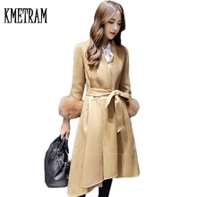 Элегантное роскошное Женское шерстяное пальто с меховым манжетом, розовые шерстяные пальто и куртки цвета хаки,, большие размеры, пальто с отложным воротником, GQ1641