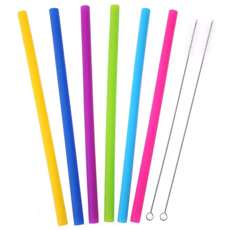 6Pcs Reusable Silicone Drinking Bent Straws Food Grade Straw with Cleaning Brush