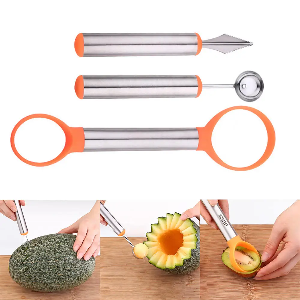 

3pcs/Set Fruit Vegetable Carving Knife Splitters Dual Use Cut Fruit Digging Ball Spoon Creative Gifts Carved Tools Set