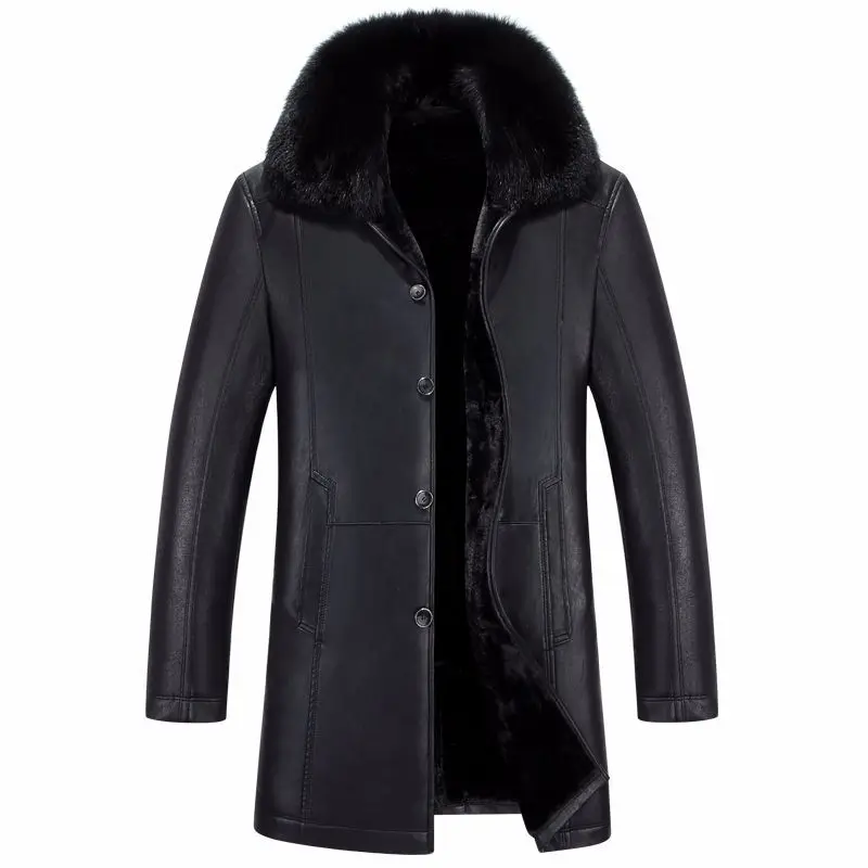 

Long Casual Plus Size Natural Fur Collar Winter Jacket Men High Quality Single Breasted Thick Warm Men Leather Winter Coat