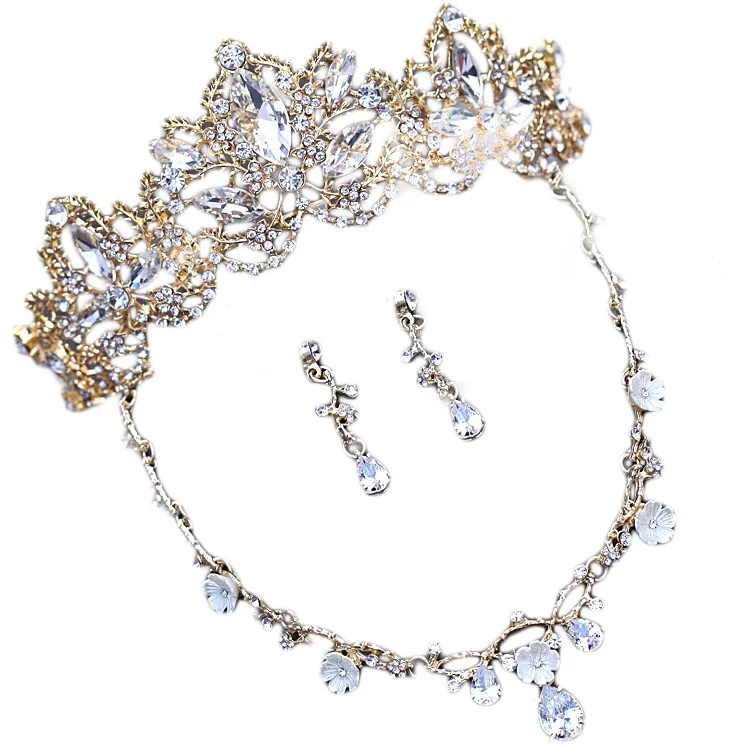 liga de ouro folha e flor esmalte moda jóias com Tiara colar e brinco 3 pcs Set (4)