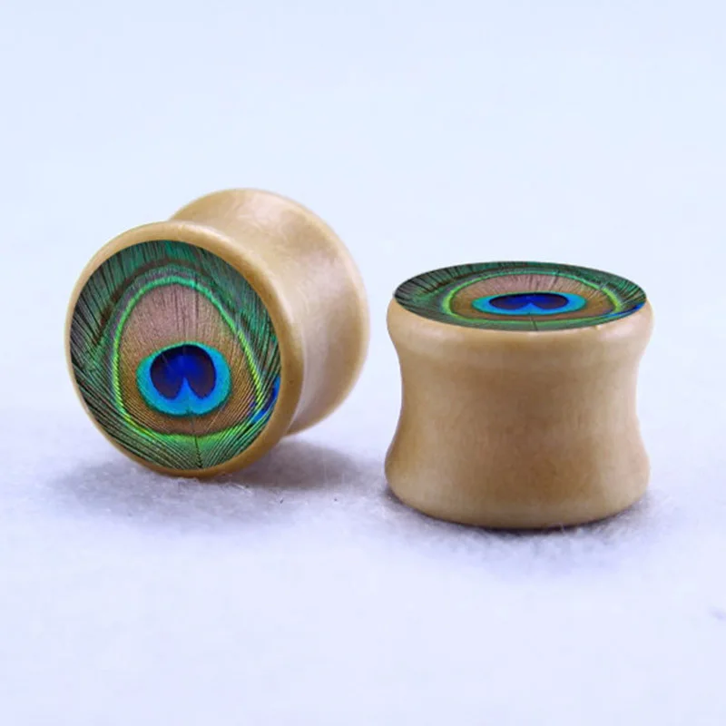 

1 pair green feather Logo ear plug tunnels saddle ear plugs ear expander piercing wood flesth tunnel flare earring gauges 8-20mm