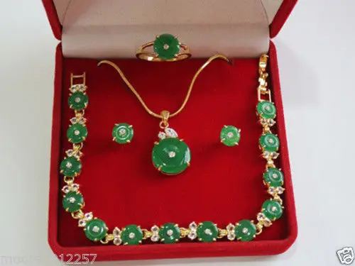 

Free Shipping >>AAA nature green jade necklace bracelet earring ring wedding party Jewellery Set