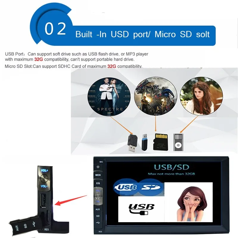 Sale 2 din 7" Touch Screen car audio player USB SD Bluetooth FM 2din in dash support rear view camera 4