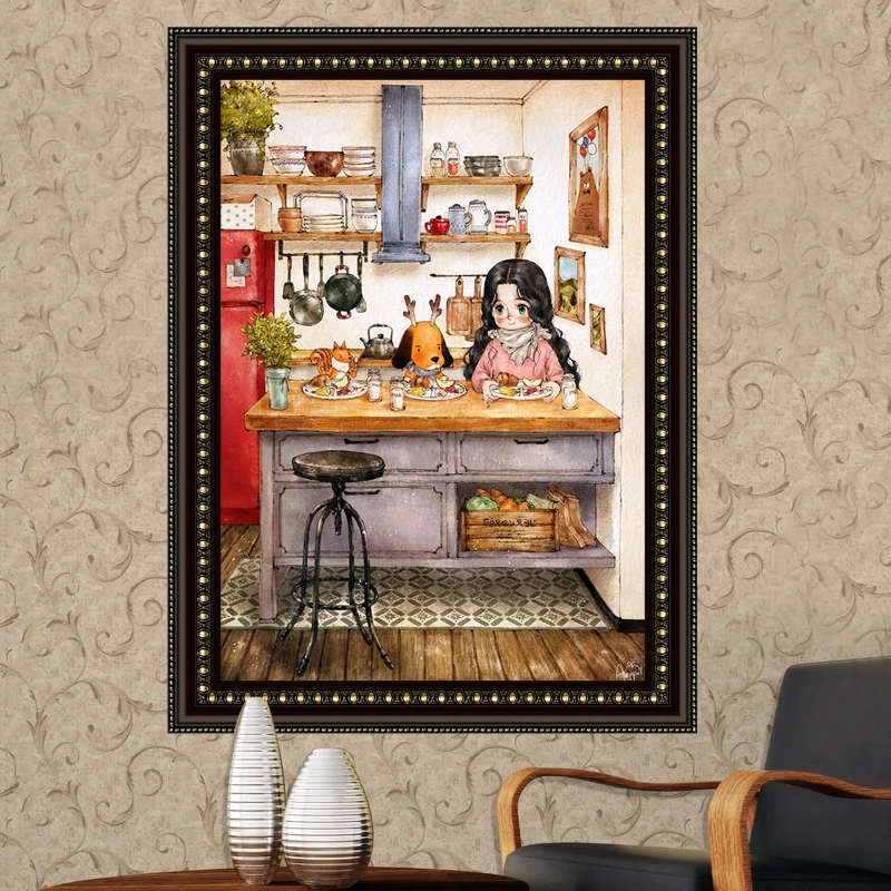 

Girl diary sharing breakfast Handmade Needlework Embroidery DIY DMC Cross Stitch Kits Crafts 14CT Unprinted Home decor wall Art