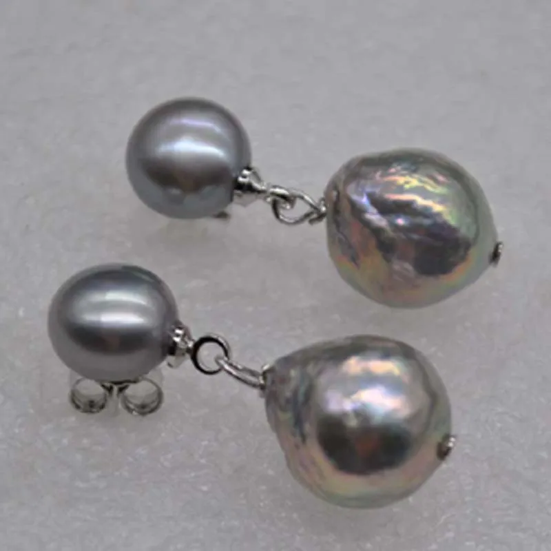 

8-11mm studs&dangle gray freshwater pearl earring button and near round