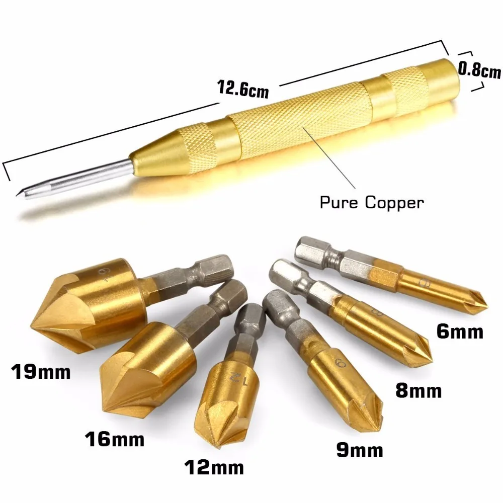 1Pc Brass Automatic Punch + 6Pcs Hex Shank Five-blade Chamfering Drill Bit High Carbon Steel Titanium Plated for Wood DIY 1Pc Brass Automatic Punch + 6Pcs Hex Shank Five-blade Chamfering Drill Bit High Carbon Steel Titanium Plated for Wood DIY