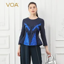 VOA тяжелый шелк жаккард футболка Ретро офисные женские Топы осень темно-синий тонкий тройник винтажная Эстетическая camisa mujer vetements B800