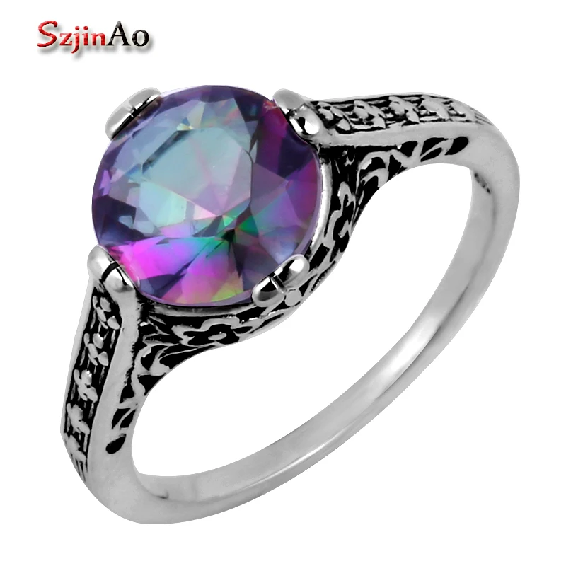 

Szjinao Wholesale 925 Sterling Silver Ring Antique Ring Fashion Women's Wedding Rings Rainbow Topaz Jewelry