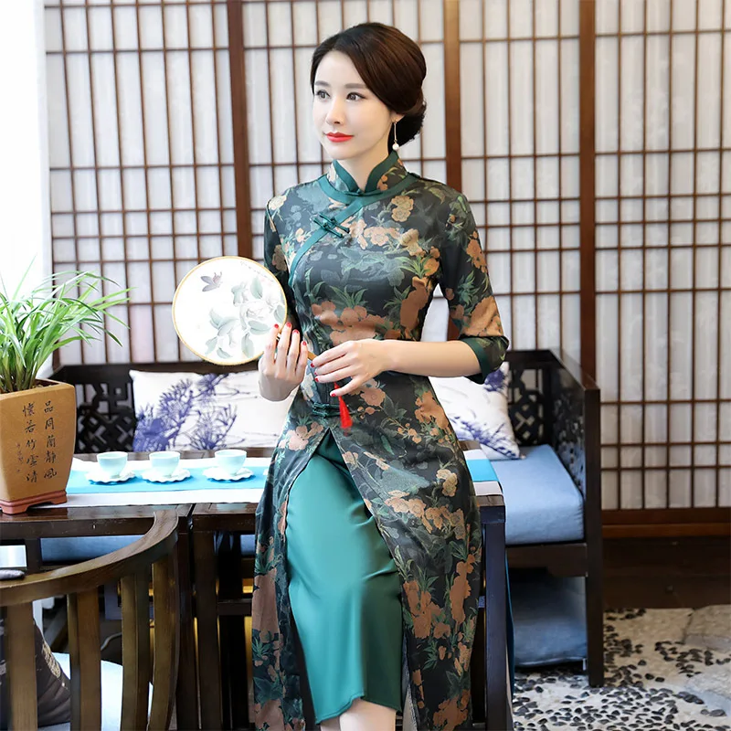 Летнее новое ретро улучшенное с коротким рукавом шелковое в китайском стиле вьетнамское Odie тонкое капок платье-Чонсам с принтом размера плюс M-3XL