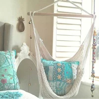 Hanging Rope Chair Beige Net Swing Seat Cotton Canvas Rope Hammock Cradle Chair With Wood Stretcherdoor Outdoor Garden Yard 1