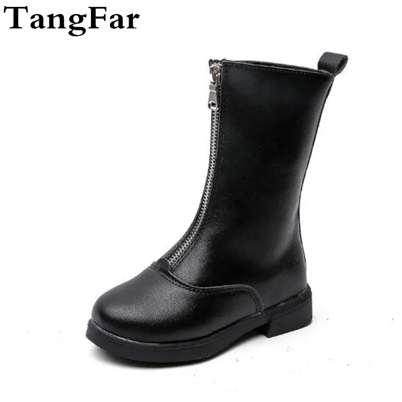 

Children's Plus Velvet High Snow Boots Princess PU Leather Mid-calf Bottes Waterproof Kid Front Zip Motorcycle Boots
