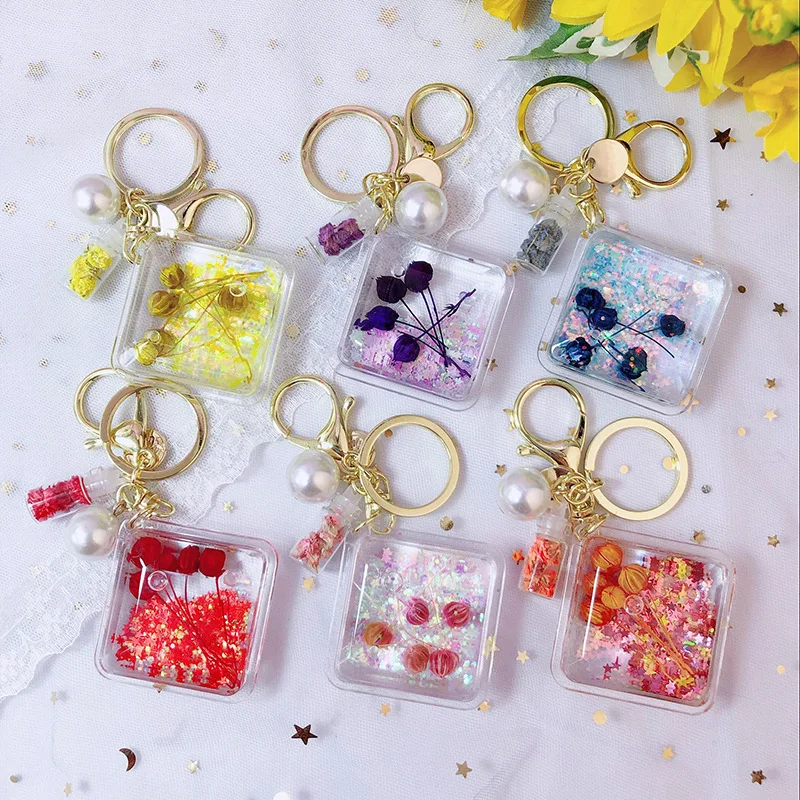 

Heart Shaped Dried Flower Acrylic Quicksand Keyring Pentagram Sequin Liquid Glitter Keychain Couples Women Gift Backpack Pendant