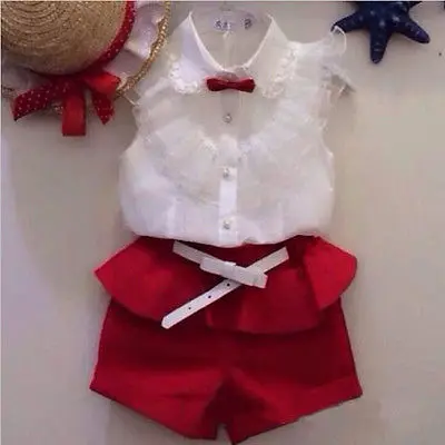 

new 2015 Summer fashion Girl lace white blouses+ red shorts clothing set twinset