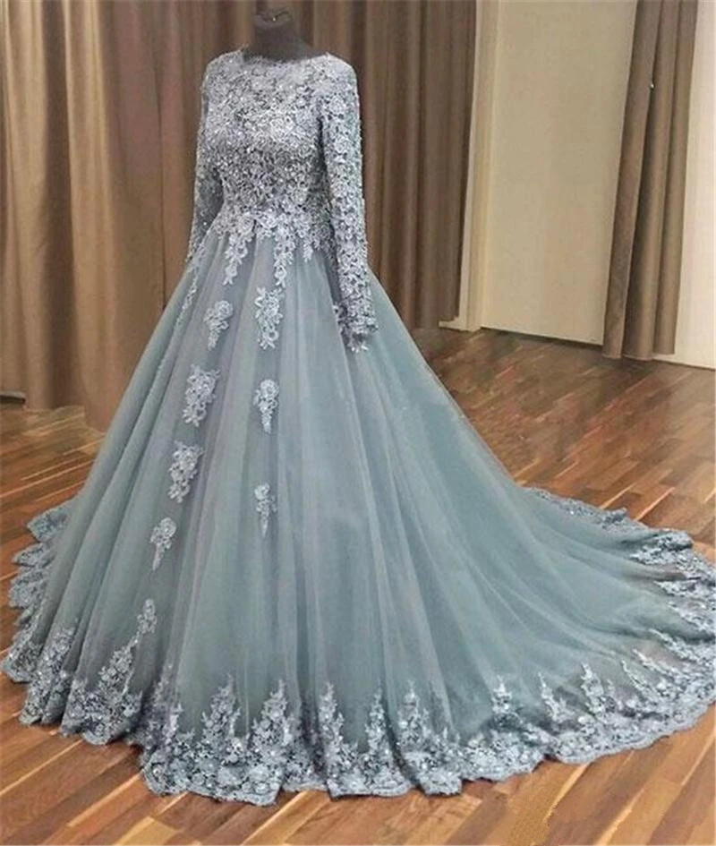Grey Lace muslim wedding dress Applique ...