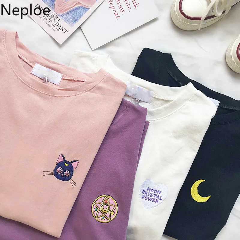Neploe Сейлор Мун футболка Kawaii Женская летняя Harajuku Ullzang вышивка Женские топы