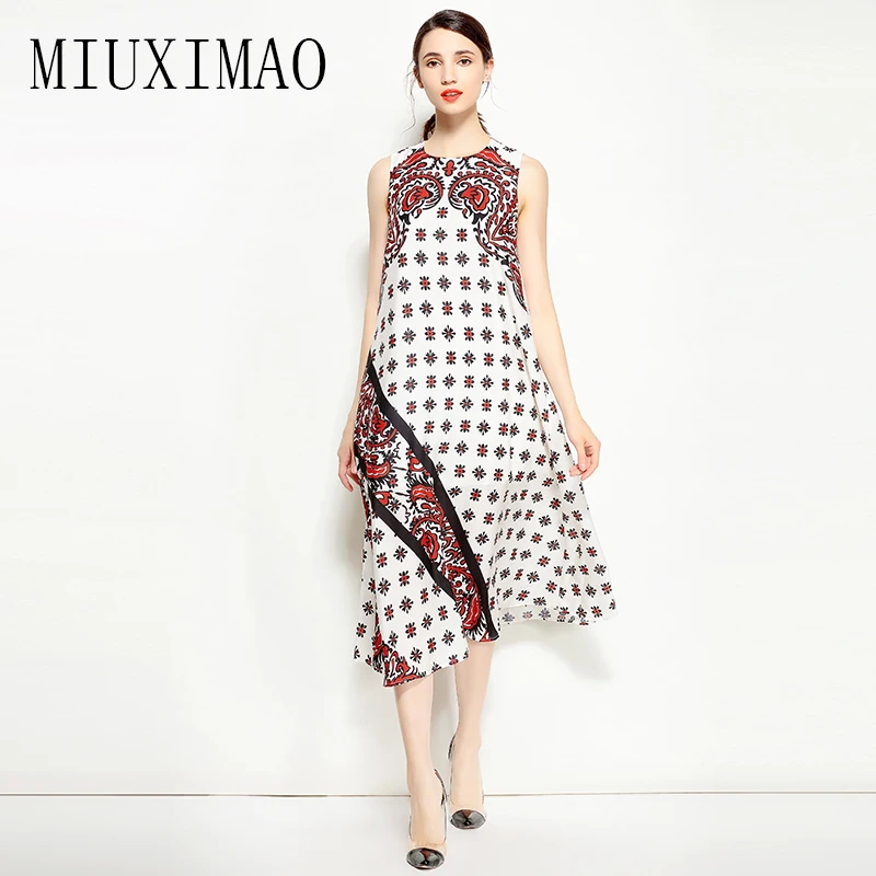 

High Quality 2018 Spring Newest Arrival Fashion O-Neck Sleeveless Pattern Printed Tank A-Line Casual Mid-Calf Dress Women