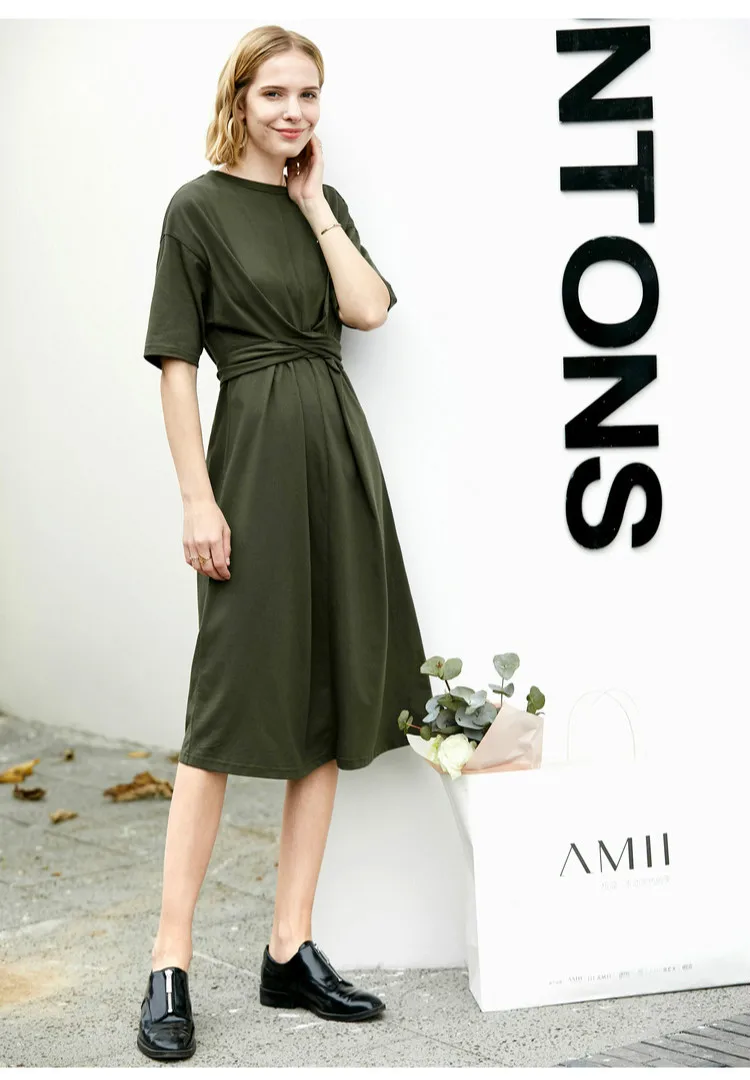 Amii Minimalist Women Dress Spring Summer Causal Solid Short Sleeve Belt Lace Up O Neck Cotton Elegant Female Dress