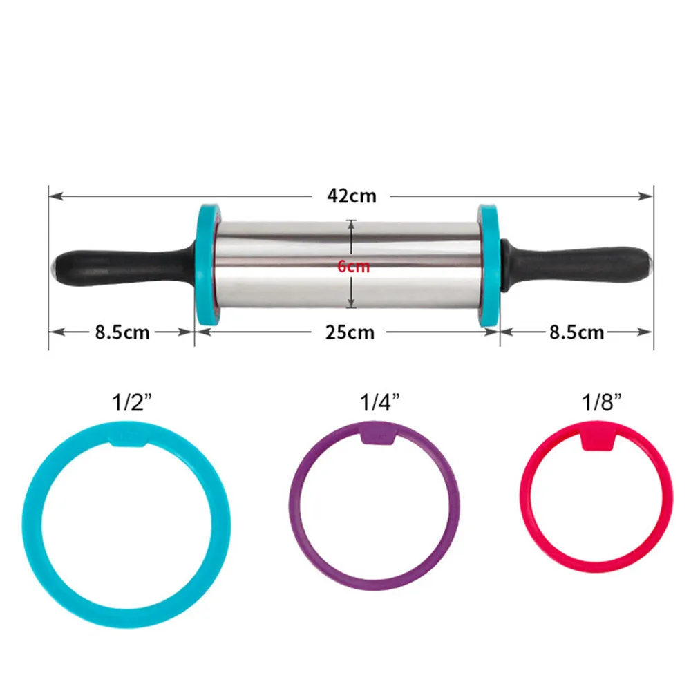 Ролик для теста из нержавеющей стали с 3 съемными регулируемыми толстыми кольцами для выпечки, регулируемая большая палочка для муки