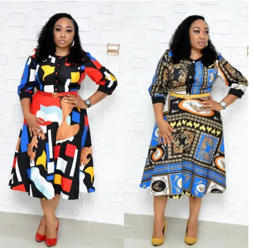 

New style African Women clothing Dashiki fashion stretch Plus Size Floral Print With the belt Dress size M L XL XXL FH482