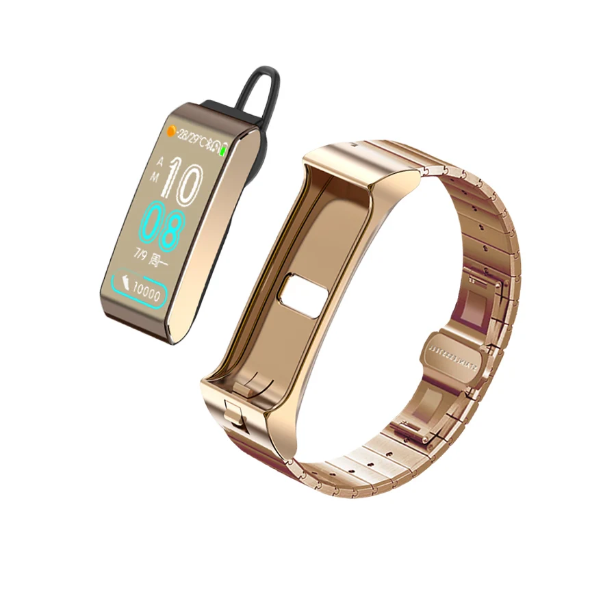 Смарт-браслет Bluetooth наушники пульсометр кровяное давление Браслет фитнес-трекер Bluetooth гарнитура для Android IOS группа - Цвет: Steel Gold